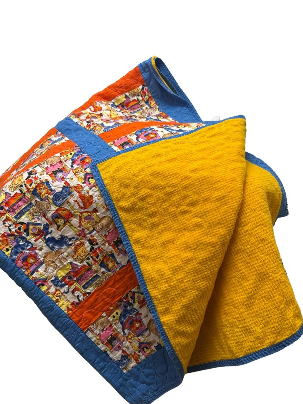 Handmade Yellow and Blue Patchwork Lap Quilt - Vibrant Home Bedding